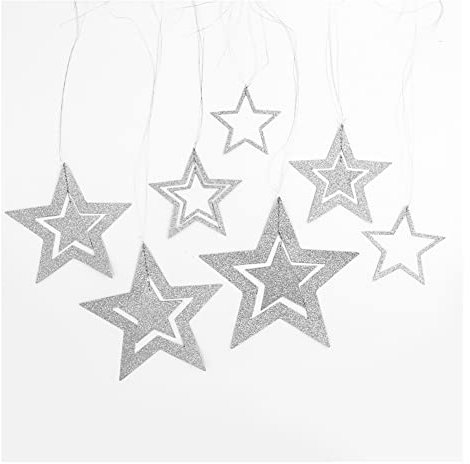 Yurosiay Glitzer Sterne zum Aufhängen 7er Set Aushöhlen Glitzernder Papiersterne Deko Groß Hängedeko Stern Weihnachtsdeko Stern Sterne Aufhängen für Hochzeit Party Christbaum Deko Silber