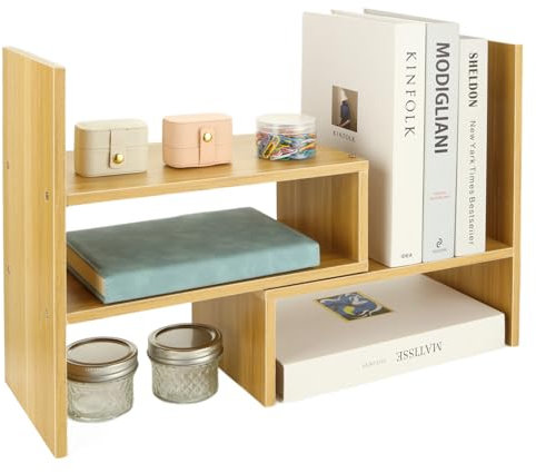 DAJAVE Desktop Bookshelf Organiser Wooden Desktop Storage Shelf Adjustable Desktops Shelf Expandable Desk Bookcase Desk Shelves Unit Desktops Display Shelves Rack for Home, Office Supplies