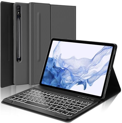 IVEOPPE Funda Teclado para Samsung Galaxy Tab S7 FE/S8 Plus/S7 Plus 12.4 - Teclado Español Ñ Bluetooth Retroiluminado Desmontable - Gris