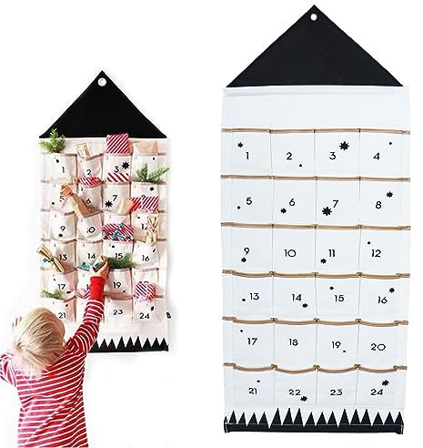 Qivine Adventskalender zum Befüllen Stoff, 24 Tage Adventskalender Wandteppich Hängend 50 × 120 cm Weiß Wand Tür Deko Wandkalender für 2024 Weihnachtsdeko Ramadan Party