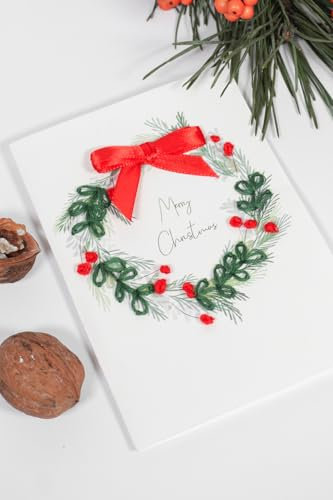 Kreative Weihnachtskarte zum Besticken als DIY-Set mit Stickgarn, Sticknadel, Satinband und Umschlag
