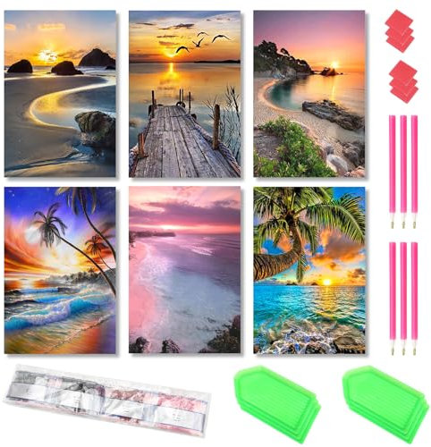 Wkmamo Premium Diamond Painting Set - 6 Bilder, Vollbohr-Leinwand, Diamonts, Stift, Schale, Malschlamm - Für Erwachsene, Malen nach Zahlen. (Landschaftsgestaltung-6P)