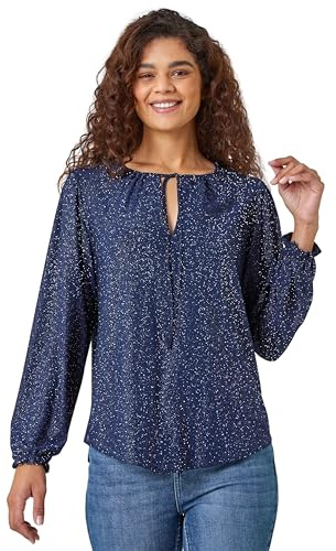 Roman Tie Neck Glitter Stretch Top for Women UK - Ladies Autumn Everyday Winter Holiday V-Neckline Comfy Long Sleeve Soft Party Shirt Desk to Dinner Blouses