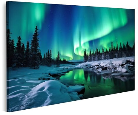 islandburner Tableau sur toile Aurore boréale sur forêt enneigée rivière Aurora Borealis Nuit paysage d'hiver Images murales Poster