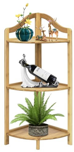 COSTWAY 3 Tier Corner Shelf, Free Standing Bamboo Ladder Display Shelves, Storage Rack Stand for Bathroom Kitchen Living Room (Natural)