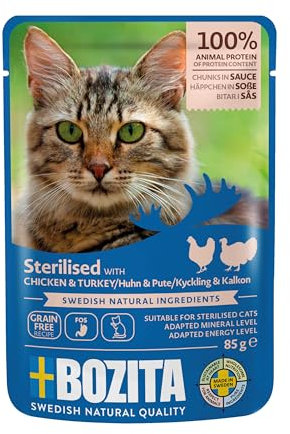 Bozita Sterilised Nassfutter Häppchen in Sauce mit Huhn & Pute - 12x85g Portionsbeutel getreidefreies & weizenfreies Futter für sterilisierte Katzen - Katzenfutter mit 8,5% Protein & 3,5% Fettgehalt