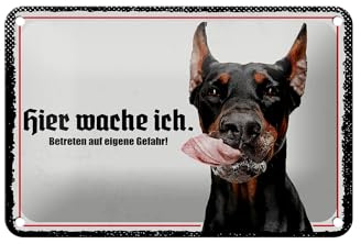 Femer Blechschild Spruch 18x12cm Dobermann hier wache ich Geschenk Schild