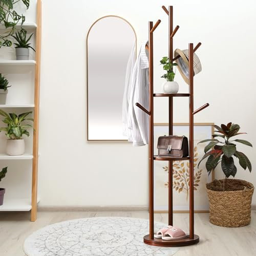 MYOYAY Drehbarer Garderobenständer aus Holz mit 9 Haken/3 Ablagen Kleiderständer, Jackenständer Freistehender Garderobe, coat rack stand, in Baumform für Kleidung, Tasche, Wohnzimmer, Büro