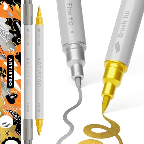 ARTISTRO 2 Silver & Gold Acrylic Paint Pens, Metallic Dual Tip Acrylic Markers for Fabric, Canvas, Rock, Glass, Wood, Paper, DIY, Kids & Adults