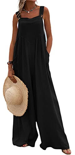 Loalirando Salopette da Tuta Casual Donna Tuta Estiva Donna Tuta Intera Jumpsuit Donna Senza Maniche Playsuit Tuta a Gamba Larga con Tasche da Spiaggia (Nero, XXL)
