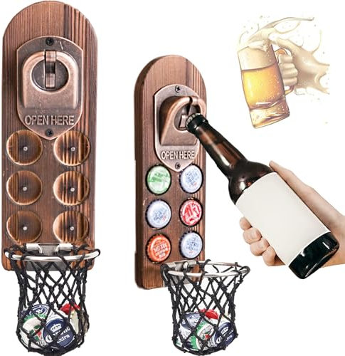 Magnétique Ouvre Bouteille Mural en Bois, Decapsuleur Mural Biere Vintage, Décapsuleur Original avec Cap Catcher, Accessoire Bar Exterieur, Biere Cadeau Homme pour Papa, Amie et Collègue (Style 5)