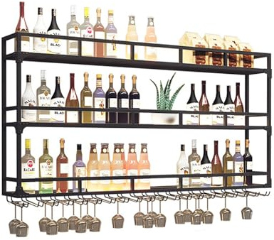 AKOGG Wine Storage Rack Wall Mounted With LED Light,Bar Hanging Shelves,liquor Bottle Display Shelf,Industrial Floating Wall Shelf With Wine Glass Holder,Metal Wine Display Racks For Kitchen,Black (S