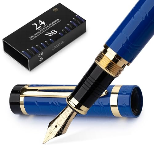 Wordsworth & Black Primori Füllfederhalter-Set [Blau Gold]; Feine Feder, Geschenk-Etui, 24 Tintenpatronen, Nachfüllkonverter, Anleitung; Tagebuchführung, Kalligrafie, Flüssiges Schreiben