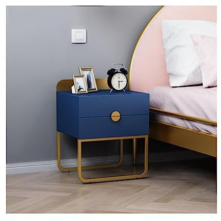 CRBUDY Nachttisch, eleganter Nachttisch, quadratisch, dichte Platte, Beistelltisch, 2 Schubladen, Nachttisch, goldene Beine, Nachttisch, 35 x 40 x 52 cm, Nachttisch, Beistelltisch (blau,