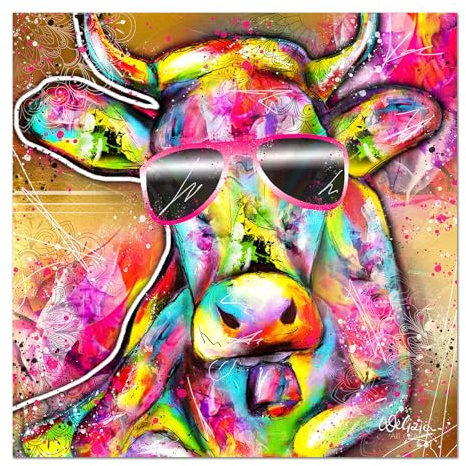 - Handgemaltes Kuh Bild auf Leinwand – Lustige Kunst Gemälde Bilder abstrakt 80x80 cm – Deko Wandbild für Wohnzimmer Badezimmer Toilette WC Küche - Pop Art Tierbilder bunt