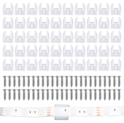 50 Stück Wasserdichter LED-Lichtstreifen Clips, LED Neon Montageclips, LED Streifen Montagehalterung Clips, passend für 10 mm bis 12 mm LED-Streifen Halterung mit Schrauben, durchscheinend