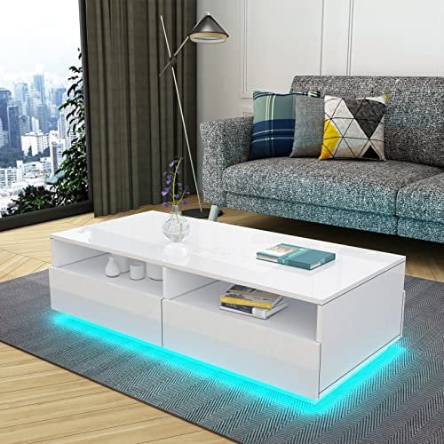 Komtopod Modern Coffee Table with 4 Drawers, Wooden Centre Living Room Table, Rectangular Coffee Table with Storage, High Gloss Finish, 85 x 55 x 35 cm, White with LED Light