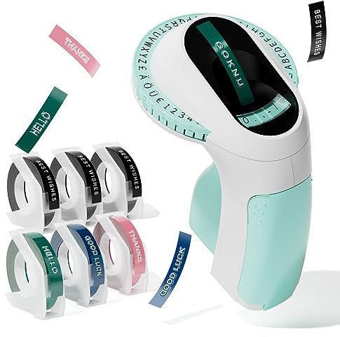 Goknu Prägegerät, Beschriftungsgerät Prägegerät Selbstklebend E975, Beschriftungsgerät Retro, Etikettenprägegerät mit 6 Prägebändern, 3D Etikettiergerät Prägegerät Etiketten für Zuhause, DIY (Grün)