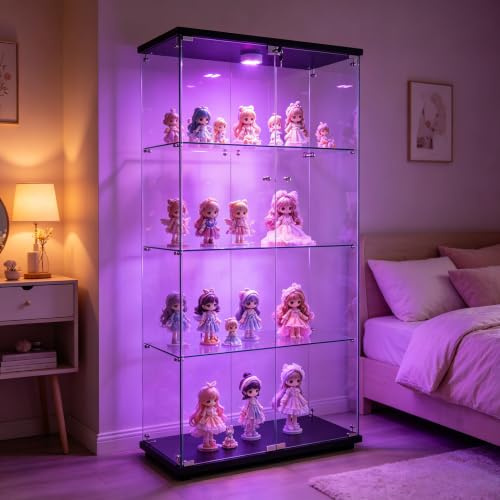 FOERPL Vitrine, LED-Vitrine mit 2 Türen und Schloss, Glasvitrine für Kollektion, Möbel für Wohnzimmer, Bar (2 Türen, 4 Etagen + Lichter, schwarz)
