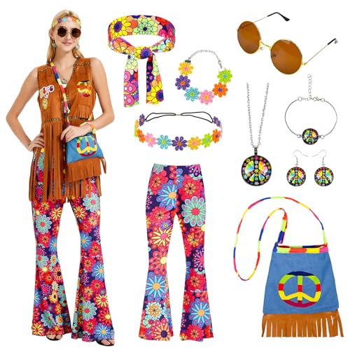 FORMIZON Hippie Kostüm Damen Set, Hippie Kleidung Damen mit Fransenweste Schlaghose, 60er 70er Jahre Faschingskostüm Hippie Damen, Tasche + Frieden Zeichen Halskette Ohrringe, für Karneval Party (M)