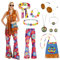 FORMIZON Hippie Kostüm Damen Set, Hippie Kleidung Damen mit Fransenweste Schlaghose, 60er 70er Jahre Faschingskostüm Hippie Damen, Tasche + Frieden Zeichen Halskette Ohrringe, für Karneval Party (M)