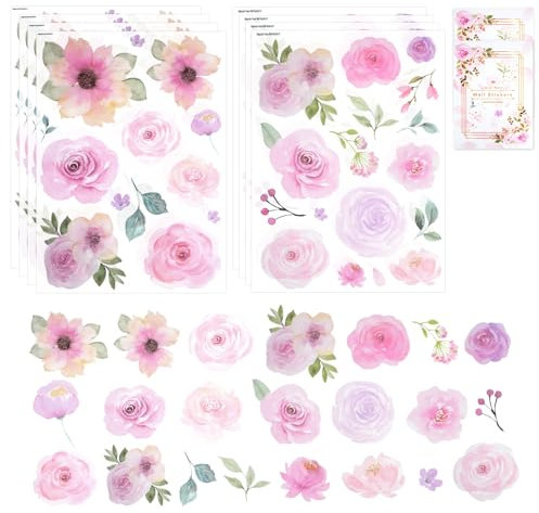 120 Pcs rosa Blumen Wandaufkleber, Peel und Stick Wall Decals, Aquarell Vibrant Floral Wandaufkleber, grüne Blätter Blumen Wanddekor für Kinderzimmer TV Hintergrund Wohnzimmer Schlafzimmer