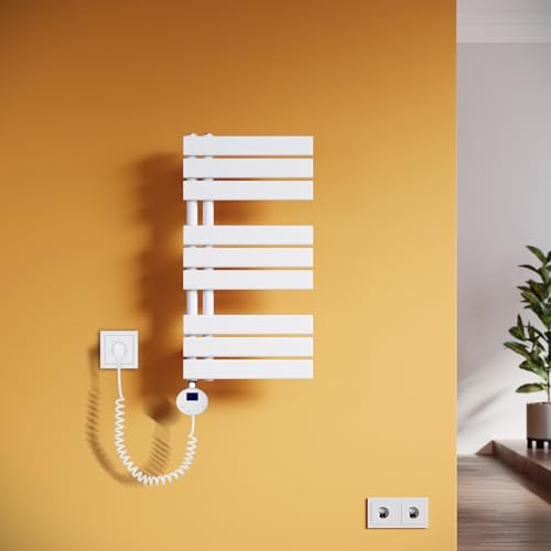 SUNXURY Badheizkörper 762x400 mm Elektrischer, Handtuchwärmer mit Thermostat Gerade Handtuchtrockner mit Heizstab Weiß 400W
