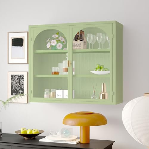 Retro Welle Glastür Wandschrank mit abnehmbaren Regalen, passend für Büros, Esszimmer, Wohnzimmer, Küchen und Badezimmer (B2-Grün)
