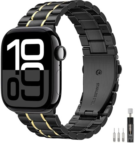 MoKo Correas Metálicas para Hombre Mujer,Compatibles con Apple Watch Ultra 3/2/1 49mm,S11/S10 46mm,9/8/7 45mm,SE3/SE2/SE/6/5/4 44mm,3/2/1 42mm,Correa Ajustable de Acero Inoxidable para Uso,Ngr/D