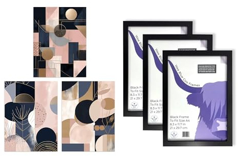 Artery8 Abstract Geometric Wall Art - Set of 3 A4 Sized Art with Black Frames - Paintings Soft Pastel Pink Gold Blue