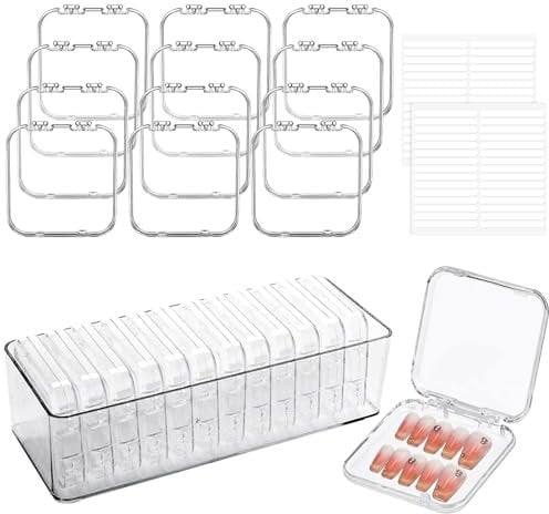 wordmouk 12 Stück Aufbewahrungsbox der Nägel (8.5 × 8.5 CM) 60 Stück Doppelseitige Nagelband 1 Verpackungsbox Durchsichtige Falsche Nägel Boxen Nagelständerhalter für Nail Art Geschäft Nagelsalons