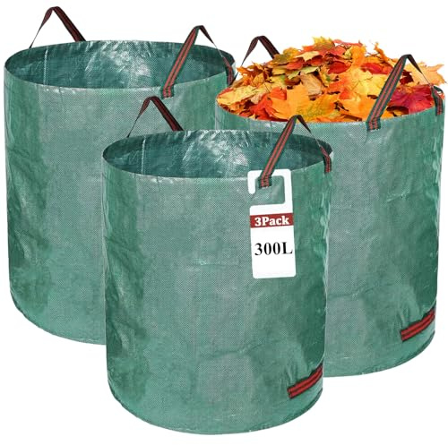 3X 300L Gartensack, Extra Stabil, Wasserdicht, mit 4 Griffen, Faltbar | Doppelter Boden für hohe Belastbarkeit, für Laub, Rasenschnitt & Grünschnitt, platzsparend aufzubewahren
