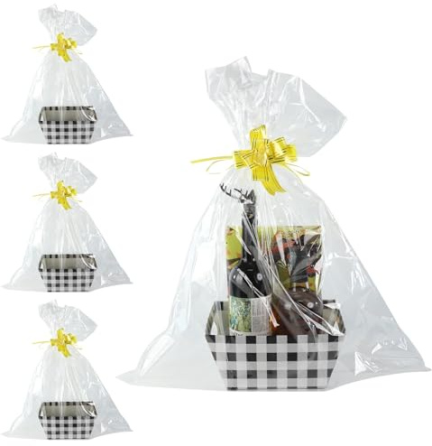 RoxNvm Präsentkorb Leer, 4 Geschenkkorb Leer, Präsentkorb pappe Mit Geschenkschleife Und Cellophantüten, Geschenkbox Geschenkkörbe Leer, Geschenkkorb Pappe Weihnachten für Partygeschenke (C)