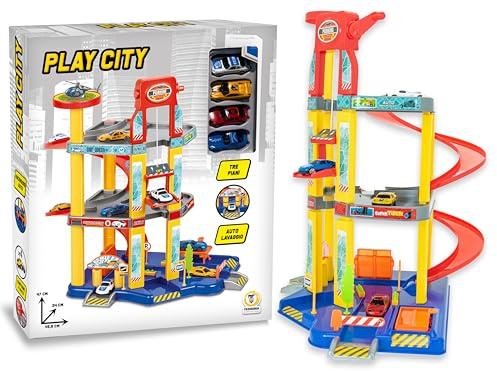 Teorema Giocattoli, Garage Macchine per Bambini, Grande Parcheggio Macchinine a 3 Piani con Ascensore, Rampa a Spirale, Autolavaggio e 4 Veicoli Inclusi, Auto per Bambini 3+ Anni