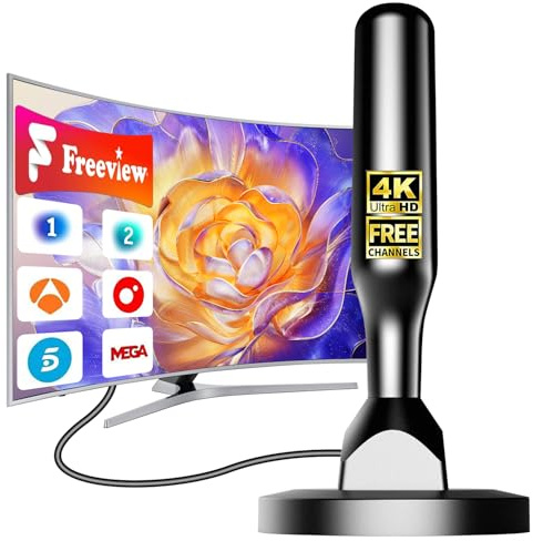 Antena TV Interior 2026 – Recepción 360° hasta 460KM, Soporta Canales 4K/1080P, Base Magnética Estable, Fácil Instalación, Compatible con DVB-T2/DVB-T, Canales Gratuitos sin Cable