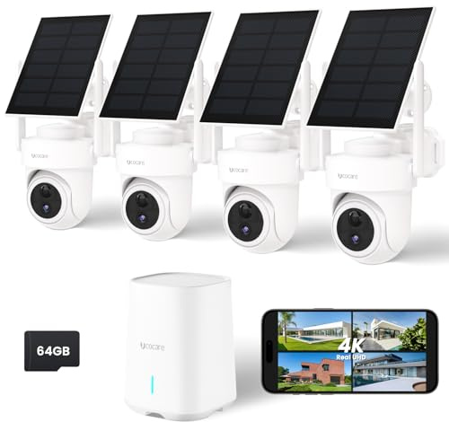 UCOCARE Camera Surveillance WiFi Exterieure sans Fil Solaire, 4K, Kit 4 Caméra avec Hub-Couverture WiFi Jusqu’à 300 m, Carte TF 64 Go Intégrée, Zéro Frais, Suivi Automatique 360°, WiFi 2,4G & 5G