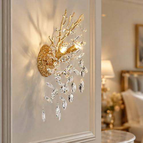 PIOUTNF Modern Crystal Wall Sconce, Gold Tree Branches Sconces Wall Lighting, Indoor Light Decoration,Farmhouse Wall Sconce Luxury Bathroom Wall Lights