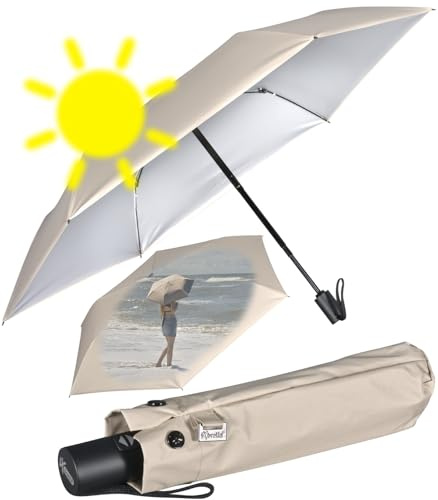 iX-brella Mini Sonnen-Regenschirm mit Auf-Zu-Automatik mit UV- und Hitzeschutz - Silver Coating - beige