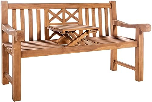 DELUKE Gartenbank Teakbank PAKEL Holz Teak 150x72x92 cm | Holzbank 150 cm Mit Klapptisch Gartenbank Sitzbank Mit Lehne Wetterfest Bank Garten Terrasse