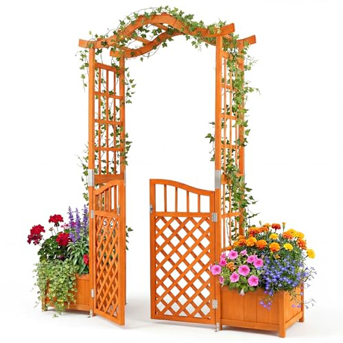 COSTWAY Arco da Giardino con Fioriere, Letto da Giardino Rialzato con Traliccio, Tetto, Fori di Drenaggio, Fondo Rimovibile e Cancelli Chiudibili, Pergolato da Esterno in Legno per Feste e Matrinomio