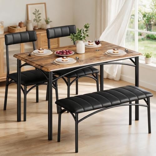 GarveeMore Esstisch mit 4 Stühlen Küchentisch | 110x70cm große Tischplatte | 90x35cm Bank | 43x43cm gepolsterte Sitzfläche