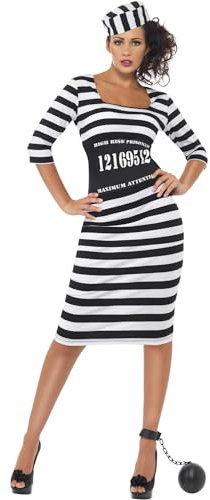 Smiffys Classy Convict Costume, Black & White with Dress, Waist Cincher and Hat, Cops & Robbers Fancy Dress, Adult Dress Up Costumes
