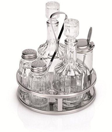 Kerafactum Menage de Table 5 Pices pour Huile, vinaigre, Poivre, sel et Moutarde avec cuillre Rcipient en Verre Rechargeable Support Acier Inoxydable Lart la Huilier poivrier