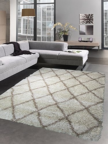 CARPETIA Shaggy Teppich Wohnzimmerteppich Hochflor Langflor Rauten Creme beige Größe 80x150 cm