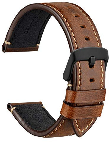 WOCCI 24mm Uhrenarmband für Business Uhren, Pull Up Leder, Matt Schwarze Schließe (Gold Braun)