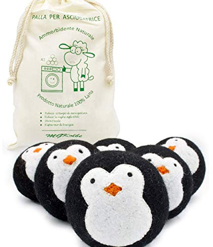 MGKolbe® Trocknerbälle für Wäschetrockner - 6 XXL Extragroße Filzbälle aus Schafwolle, der natürliche Weichspüler. Ideal für Daunenjacken. Dryer Balls Trocknerkugeln für Daunen (schwarze Pinguinkugel)