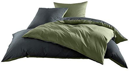 Mako Satin Baumwollsatin Wende Bettwäsche Garnitur - viele Farben und Größen (dunkelgrün - anthrazit, 1x 135x200 + 1x 80x80 cm)