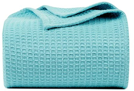 Bed Bath & Home Decke aus 100 % Baumwolle, Waffelgewebe, vorgewaschen, weich, leicht, Ganzjahresdecke, Thermodecke für King-Size-Betten (228 x 274 cm) für Bett, Couch und Sofa, Blau