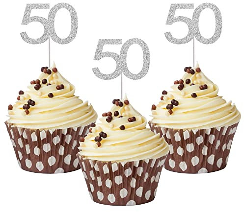 Sumerk 24PCS 50 Cupcake toppers Silver Glitter 50th Birthday Cupcake Picks Anniversary Party Decorations