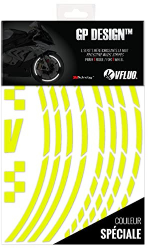 VFLUO GP Design™, Kit Strisce Adesivi rifrangenti/Riflettenti per Cerchioni Moto (1 Ruota), 3M Technology™, Larghezza : 10 mm, Giallo